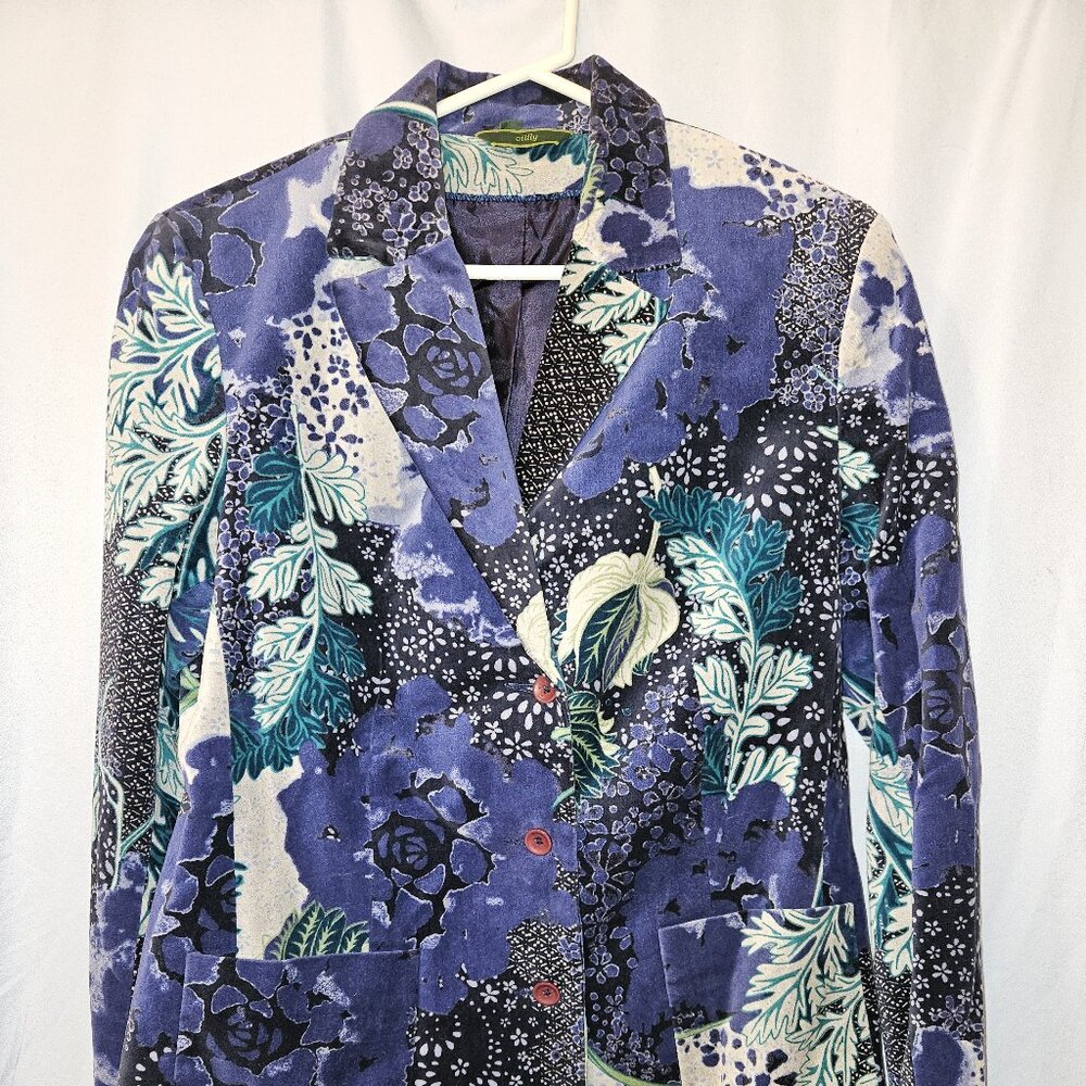Oilily velvet blazer/jacket in blues and violets, botanical print, size 42